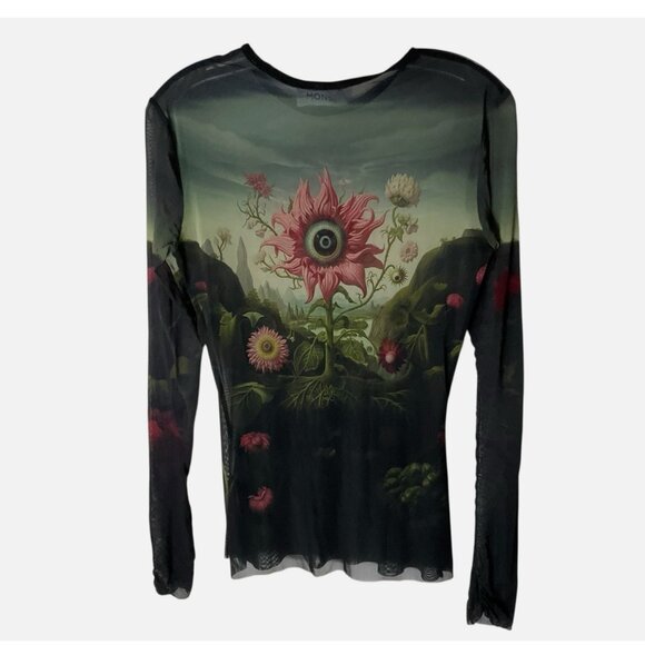 Monse Rose Printed Mesh Top Long-Sleeve Sheer - Picture 5 of 9